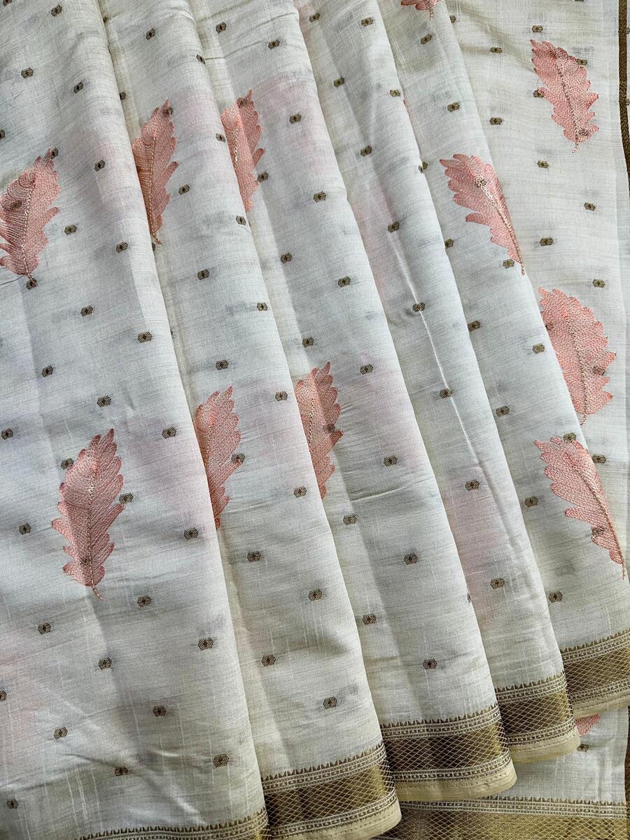 Murmurous Off White Embroidery Work Tussar Silk Saree With Enthralling Blouse Piece - Image 3