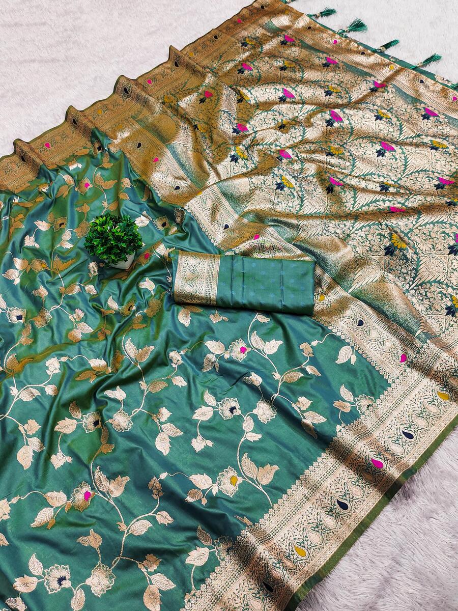 Murmurous Turquoise Pure Zari Weaving Banarasi Silk Saree With Propinquity Blouse Piece