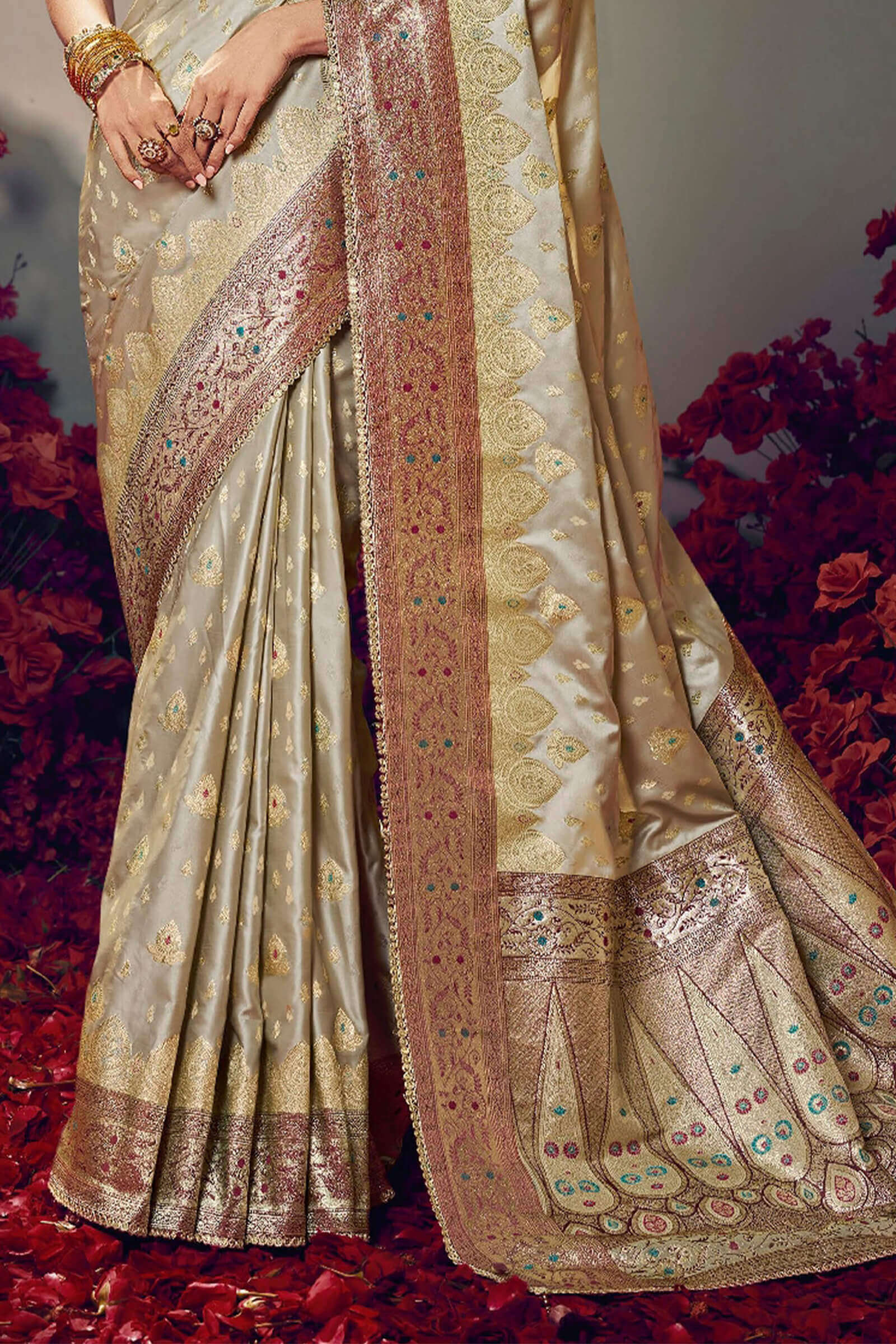 Nebula Beige Banarasi Satin Silk Saree With Twirling Blouse Piece - Image 4