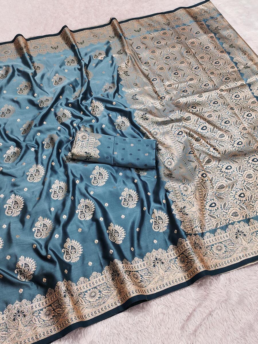 Nebula Grey Banarasi Satin Silk Saree With Rhapsody Blouse - Image 2