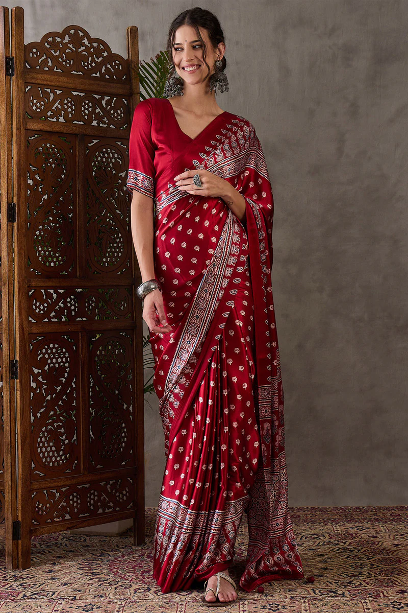 Nebula Red Ajrakh Printed Semi Modal Silk Saree With Flaunt Blouse Piece