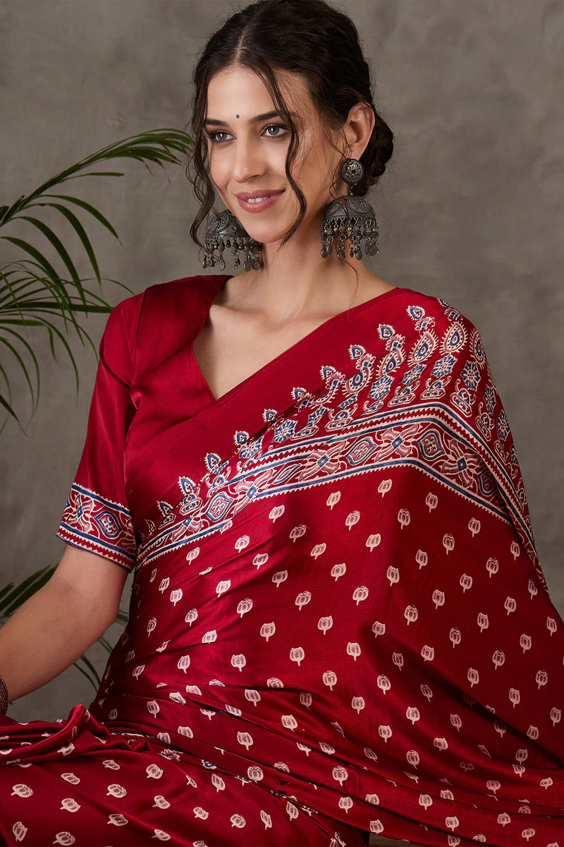 Nebula Red Ajrakh Printed Semi Modal Silk Saree With Flaunt Blouse Piece - Image 3