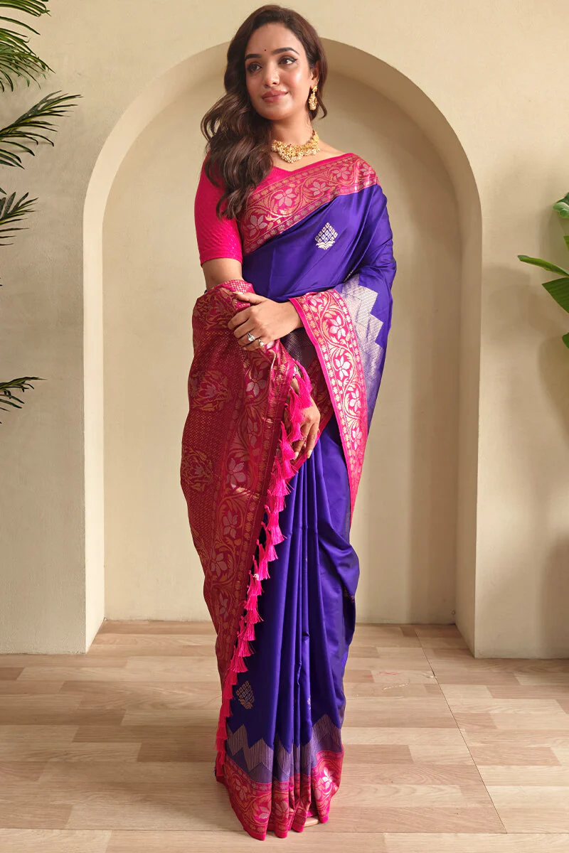 Nebula Royal Blue Soft Banarasi Silk Saree With Eclat Blouse Piece - Image 2