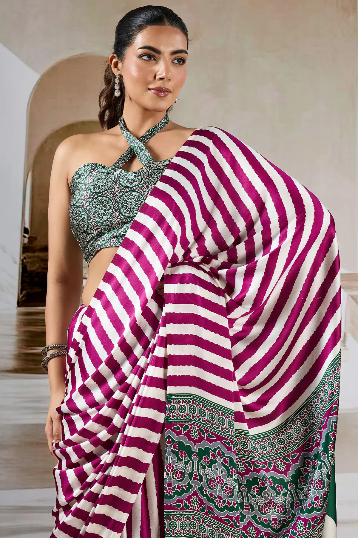 Nebula Wine Ajrakh Printed Satin Silk Saree With Quixotic Blouse Piece - Image 2