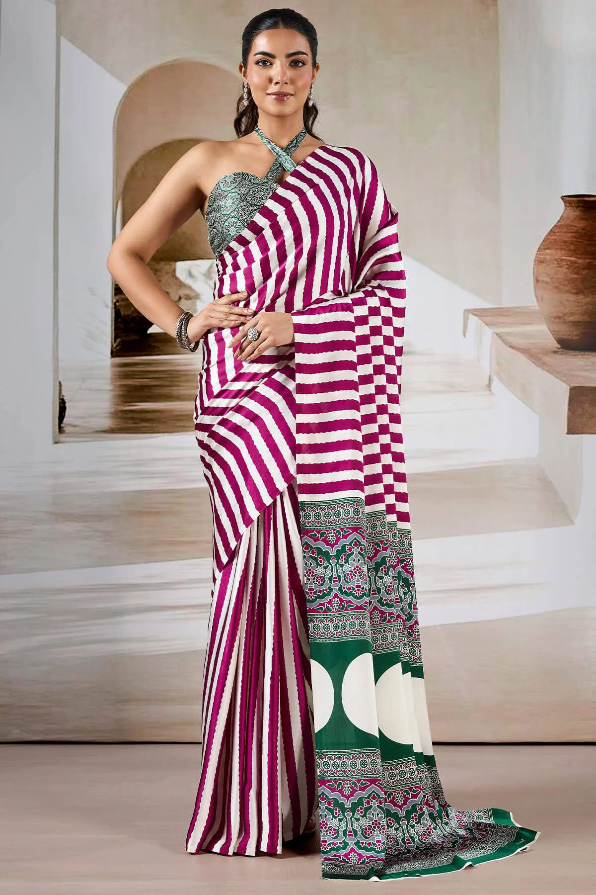 Nebula Wine Ajrakh Printed Satin Silk Saree With Quixotic Blouse Piece - Image 3
