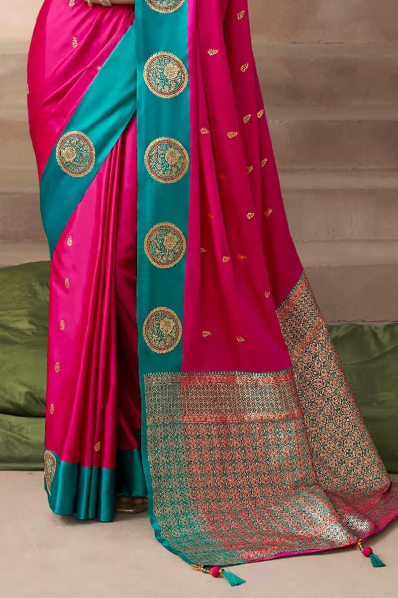 Nectarous Dark Pink Banarasi Satin Silk Saree With Blooming Blouse - Image 5