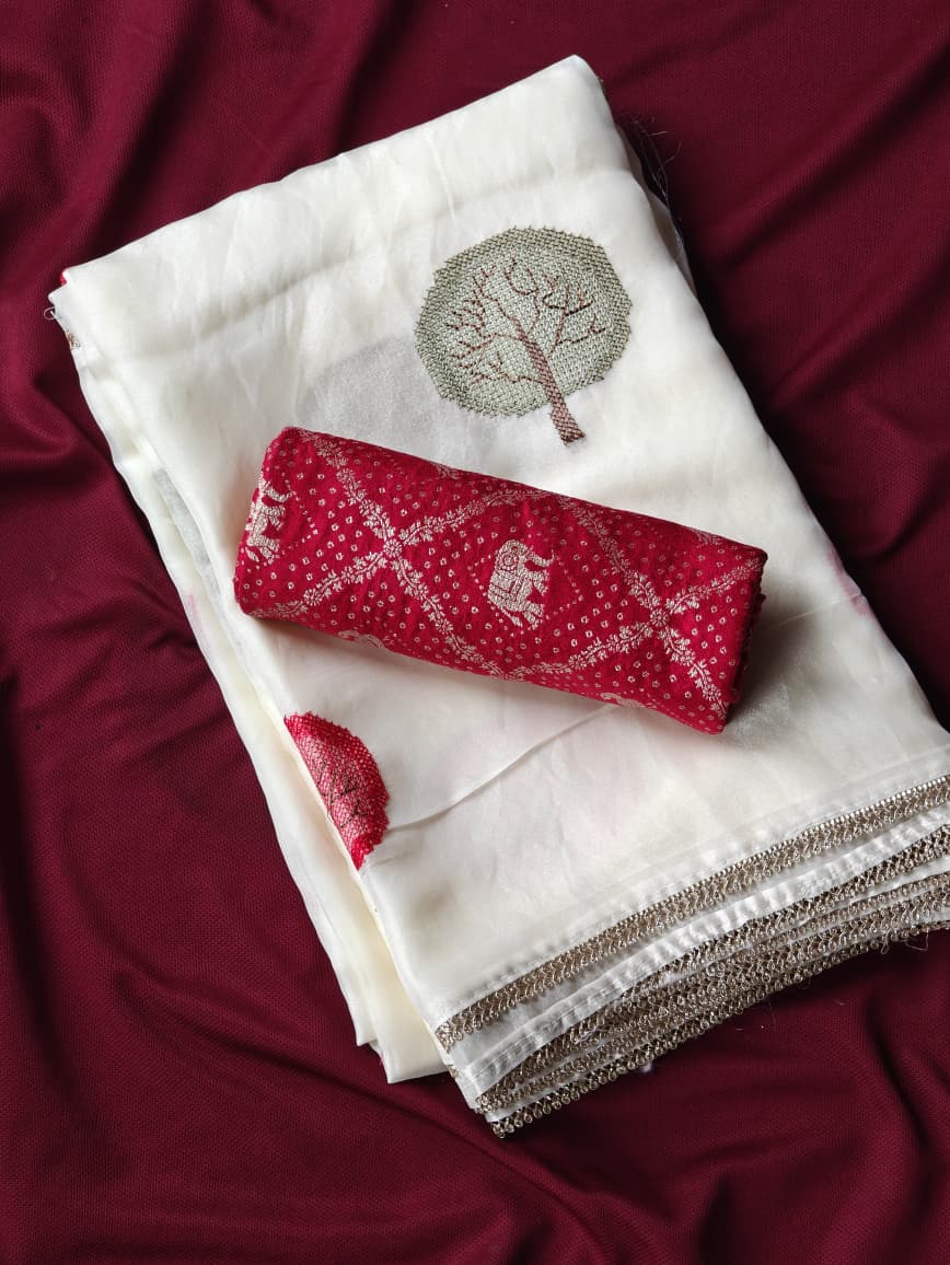 Nectarous Off White Embroidery Work Pure Satin Georgette Saree With Murmurous Blouse Piece - Image 3