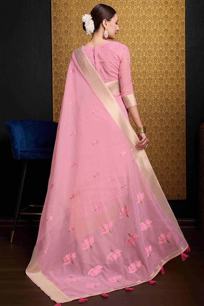 Nectarous Pink Cotton Silk Saree With Ethereal Blouse Piece - Image 6