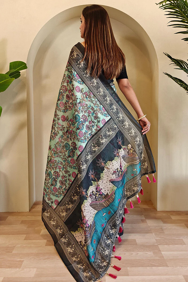 Nectarous Sky Kalamkari Printed Saree With Incomparable Blouse Piece - Image 4