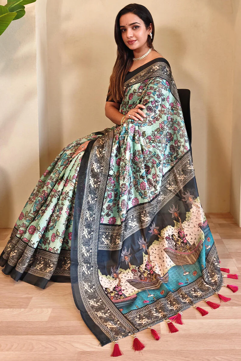 Nectarous Sky Kalamkari Printed Saree With Incomparable Blouse Piece - Image 5