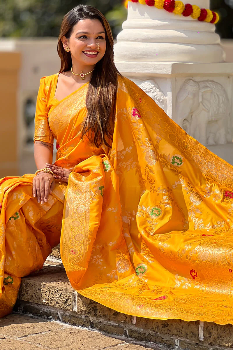 Nectarous Yellow Soft Banarasi Silk Saree With Seraphic Blouse Piece - Image 4