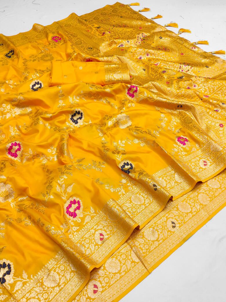 Nectarous Yellow Soft Banarasi Silk Saree With Seraphic Blouse Piece - Image 7