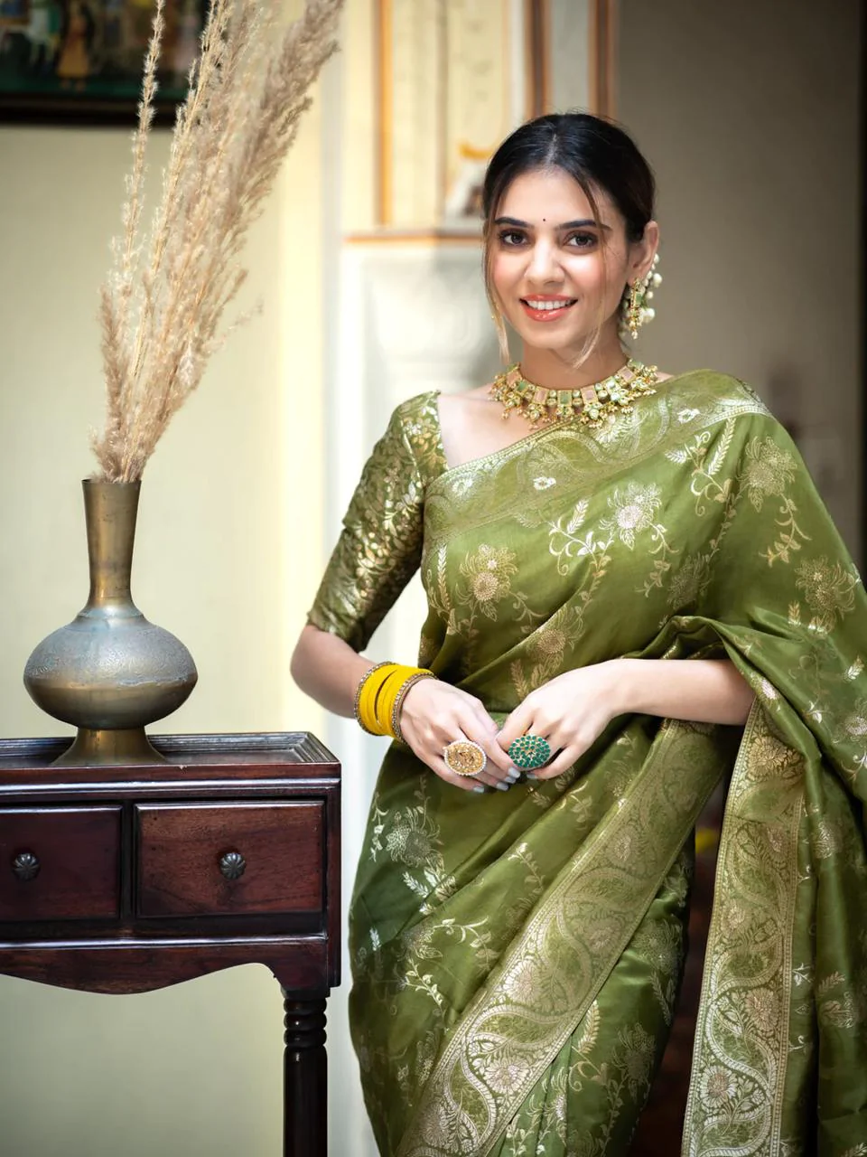 Nemesis Mehndi Soft Silk Saree With Serendipity Blouse Piece - Image 3