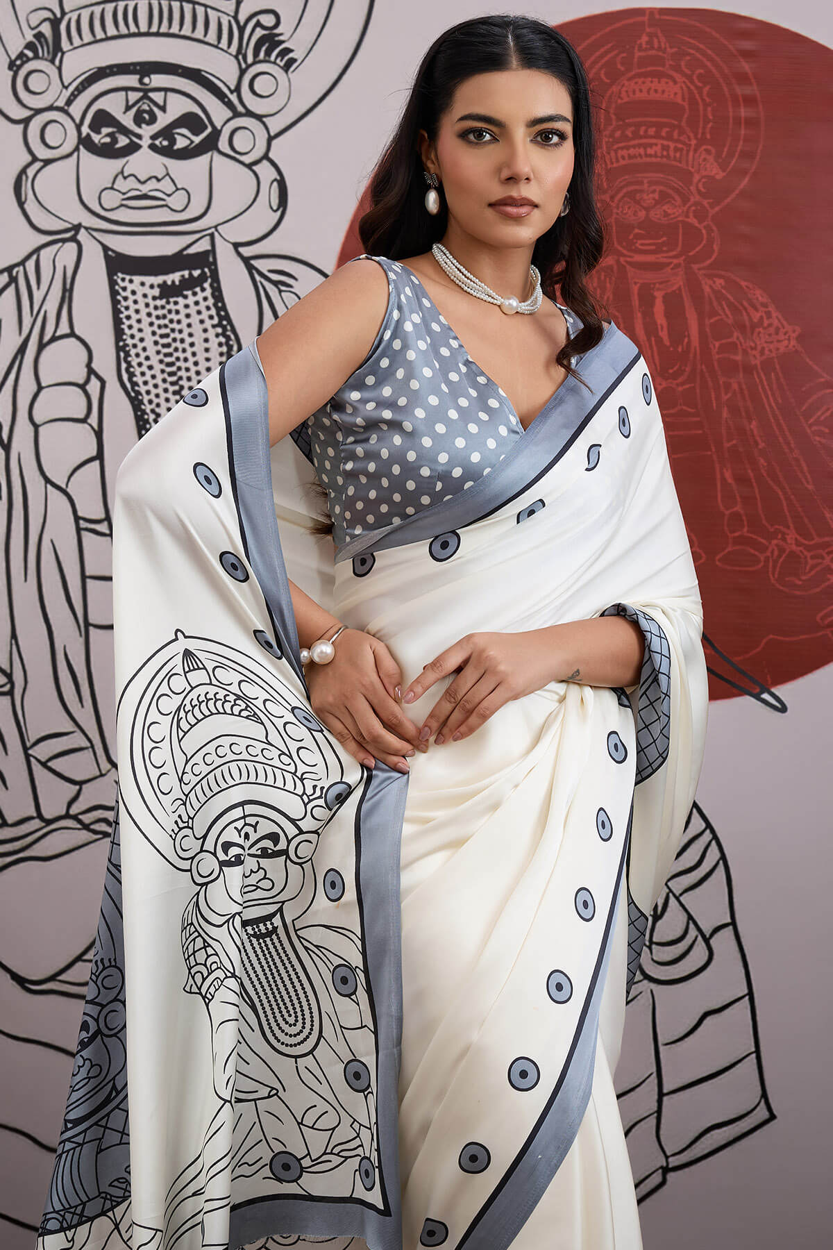 Nemesis Off White and Grey Ajrakh Printed Satin Silk Saree With Confounding Blouse Piece - Image 2