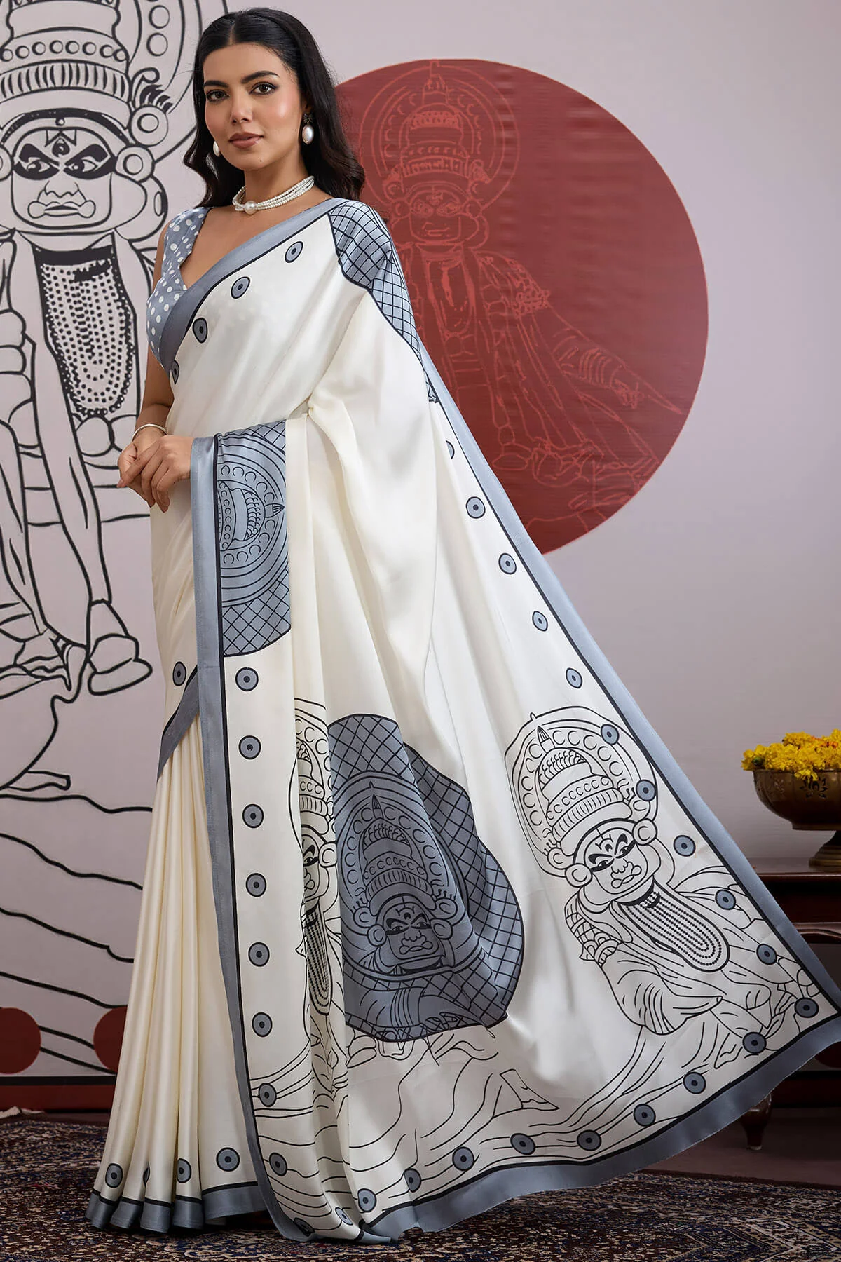Nemesis Off White and Grey Ajrakh Printed Satin Silk Saree With Confounding Blouse Piece - Image 3