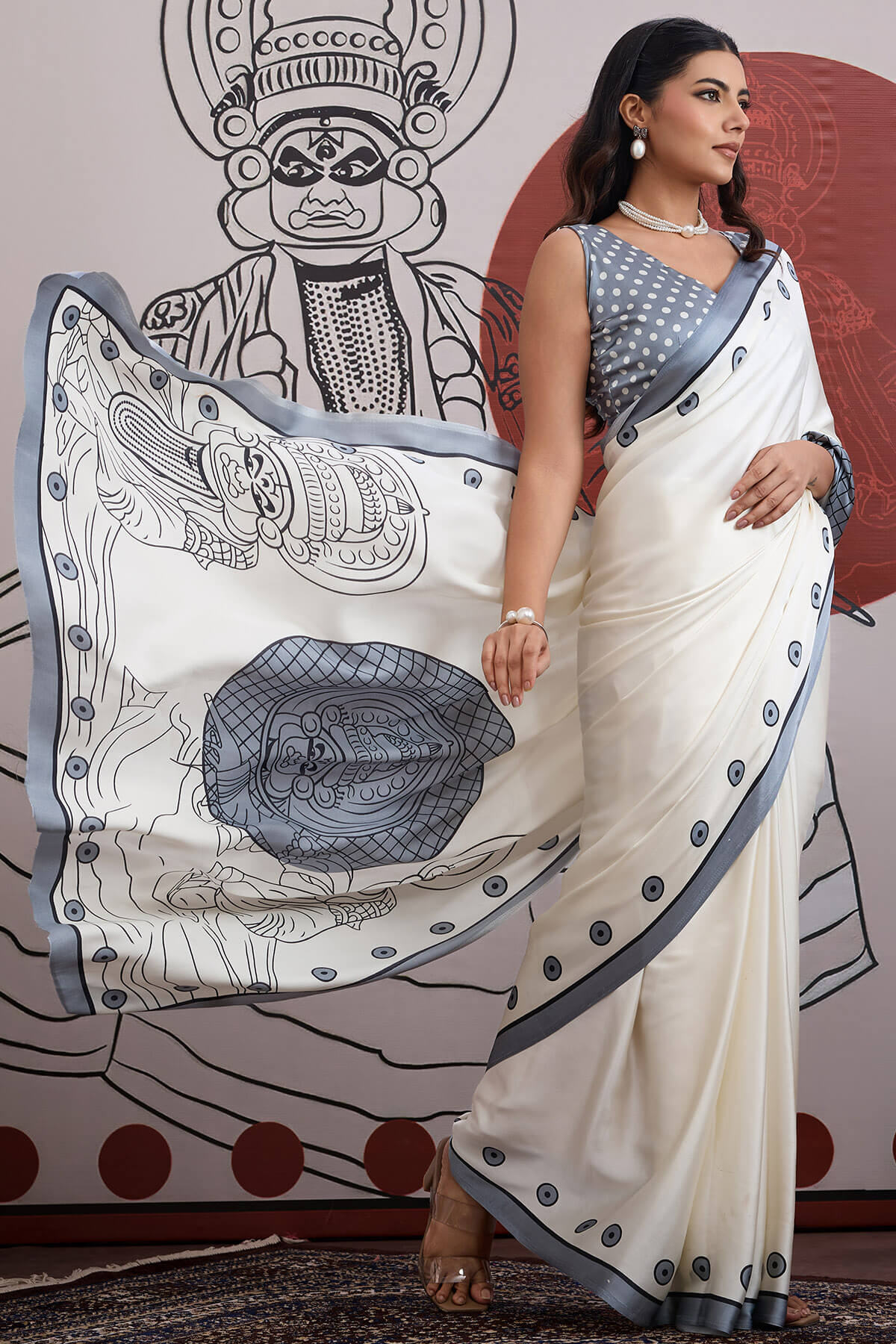 Nemesis Off White and Grey Ajrakh Printed Satin Silk Saree With Confounding Blouse Piece - Image 5