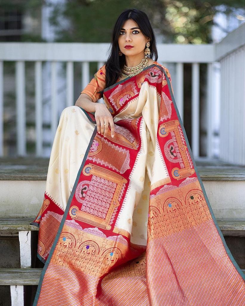 Nemesis Off White Soft Banarasi Silk Saree With Glittering Blouse Piece - Image 4