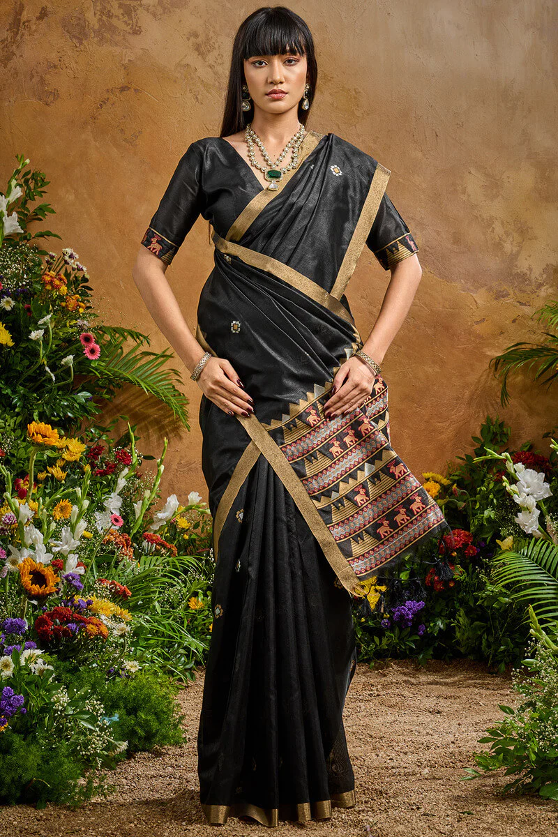 Opulent Black Banarasi Tussar Silk Saree With Nectarous Blouse Piece - Image 5