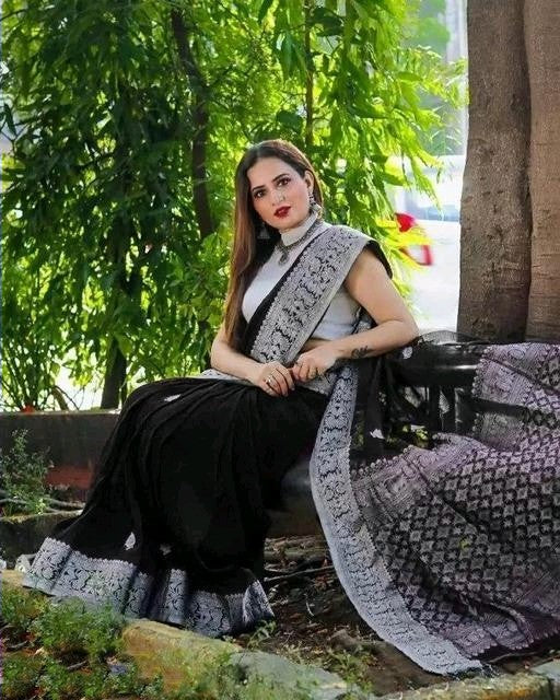Opulent Black Soft Banarasi Silk Saree With Glowing Blouse Piece - Image 2
