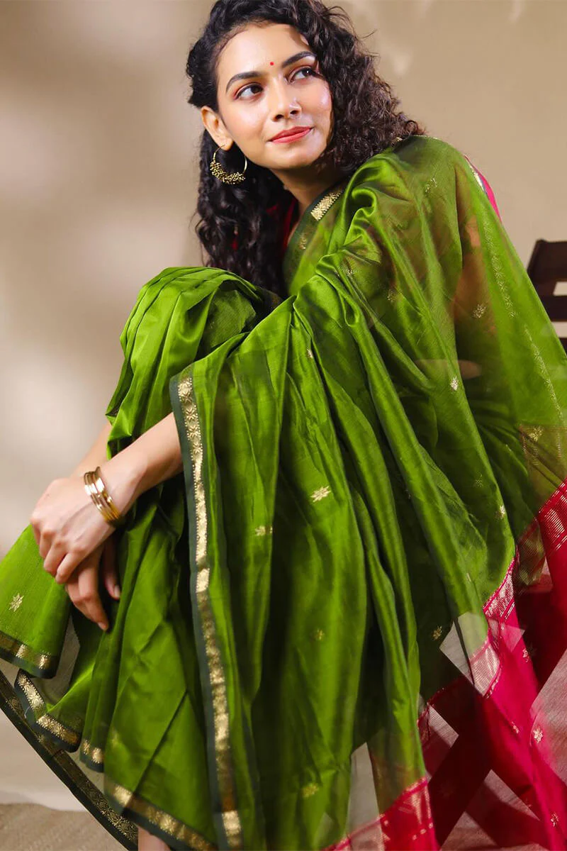 Opulent Green Cotton Silk Saree With Demanding Blouse Piece - Image 7
