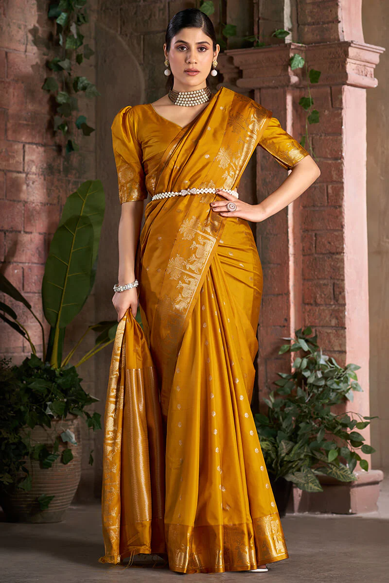 Opulent Mustard Pure Zari Weaving Banarasi Silk Saree With Lassitude Blouse Piece - Image 3