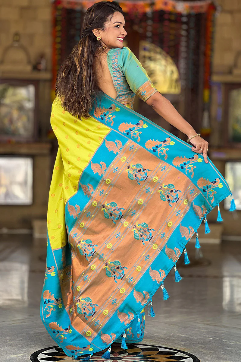 Opulent Parrot Paithani Silk Saree With Delightful Blouse Piece - Image 5