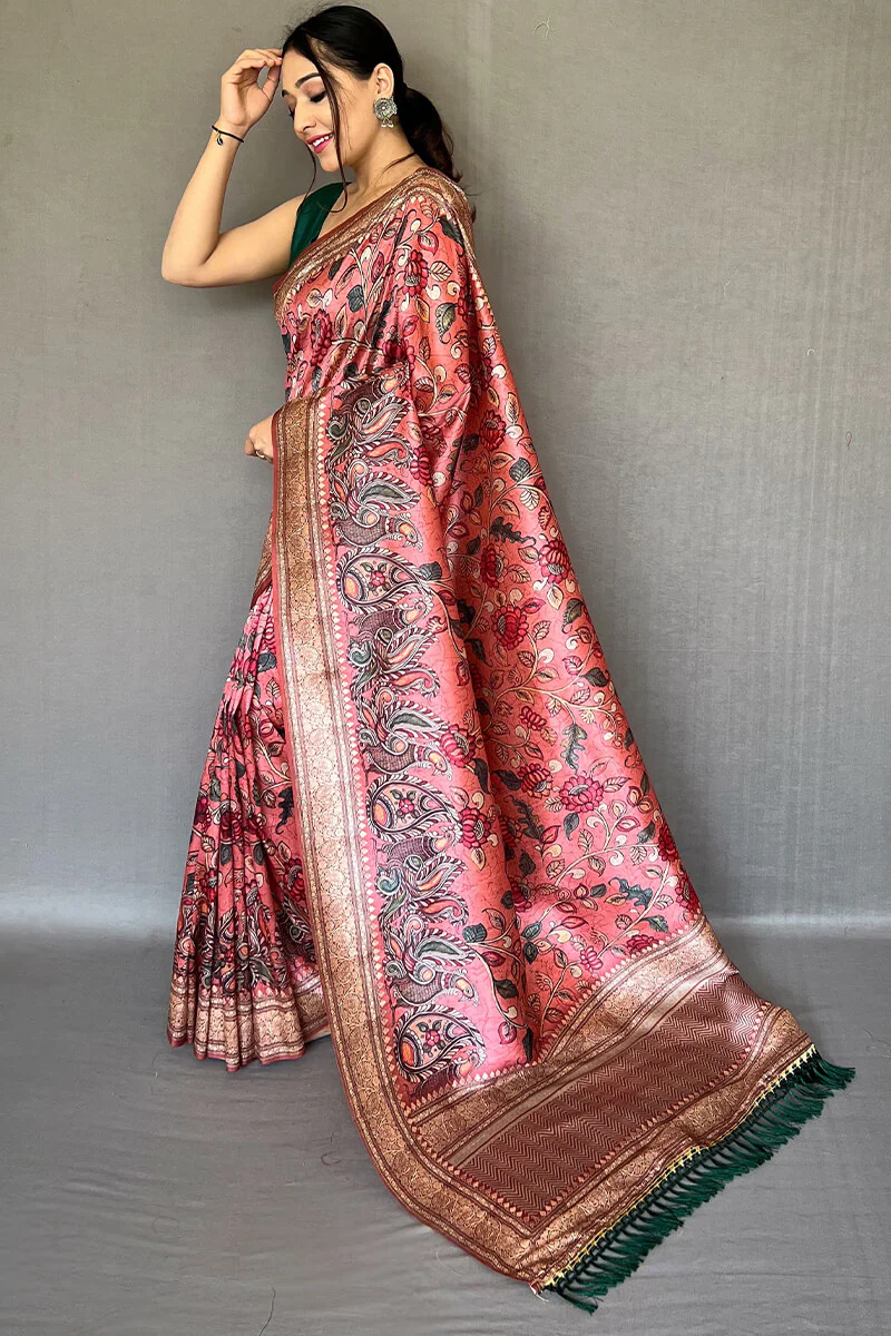 Opulent Pink Kalamkari Printed Soft Silk Saree With Exceptional Blouse Piece - Image 3