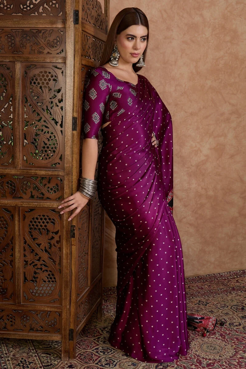Opulent Purple Ajrakh Printed Semi Modal Silk Saree With Marvellous Blouse Piece - Image 3