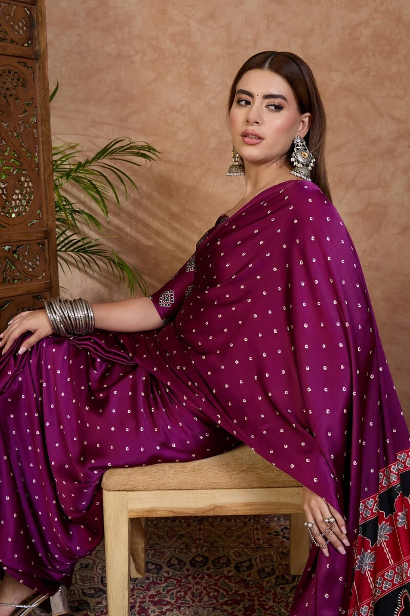 Opulent Purple Ajrakh Printed Semi Modal Silk Saree With Marvellous Blouse Piece - Image 4