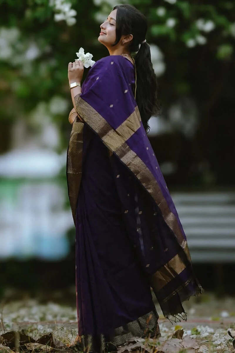 Opulent Purple Cotton Silk Saree With Radiant Blouse Piece - Image 5