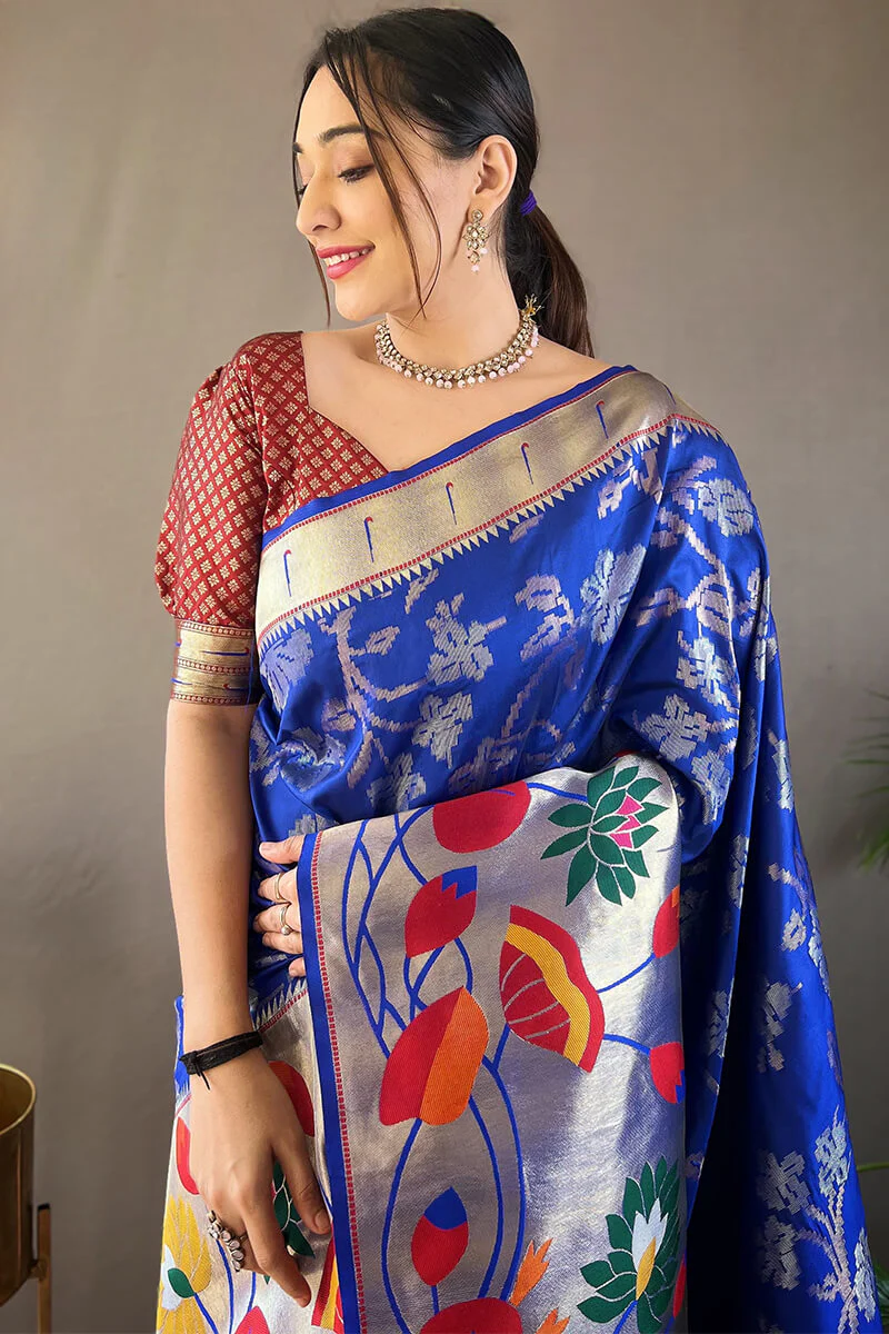 Opulent Royal Blue Paithani Silk Saree With Preferable Blouse Piece - Image 2