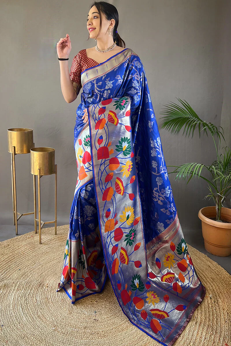 Opulent Royal Blue Paithani Silk Saree With Preferable Blouse Piece - Image 3