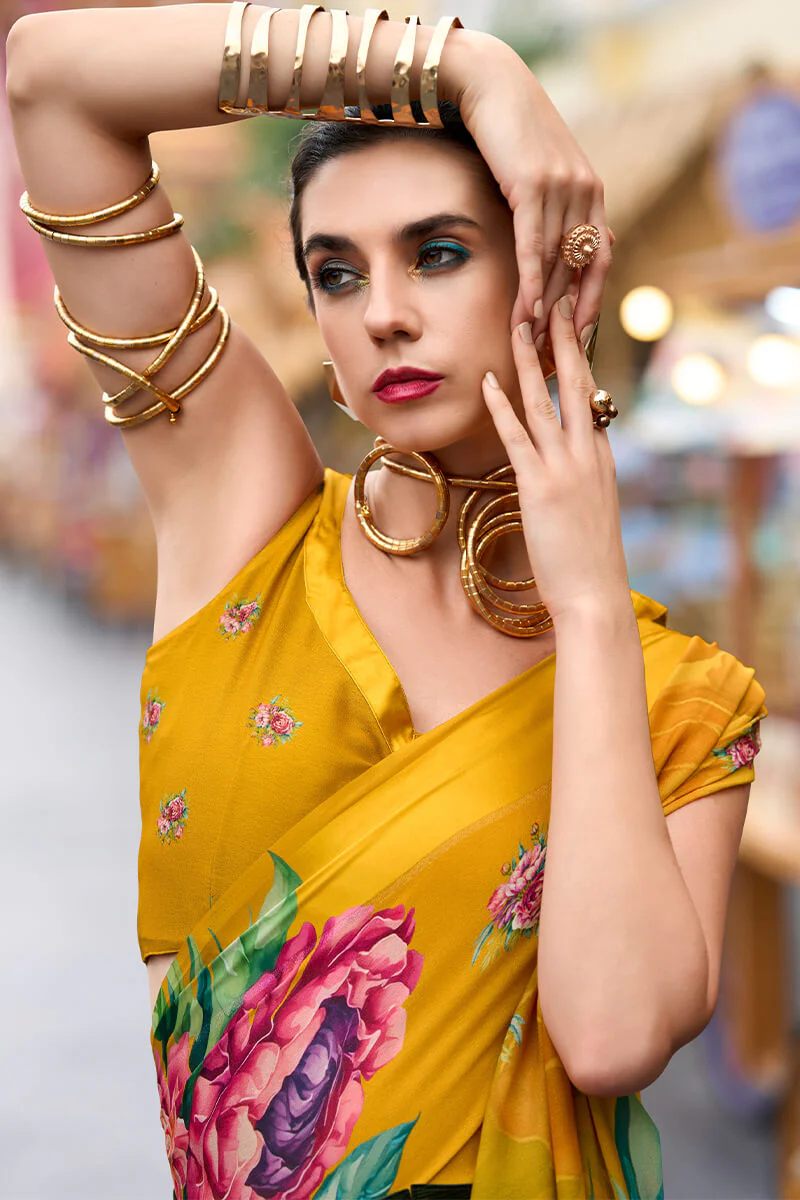 Opulent Yellow Digital Printed Georgette Saree With Pulsating Blouse Piece - Image 4