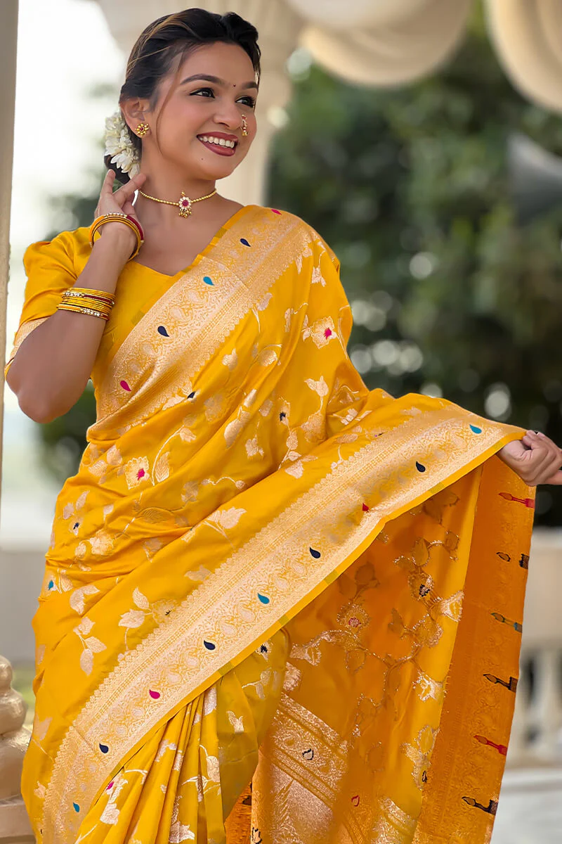 Opulent Yellow Soft Banarasi Silk Saree With Diaphanous Blouse Piece - Image 5