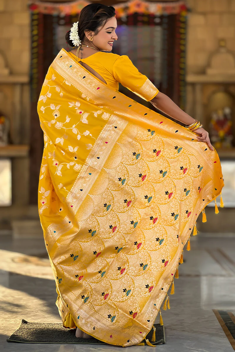Opulent Yellow Soft Banarasi Silk Saree With Diaphanous Blouse Piece - Image 6