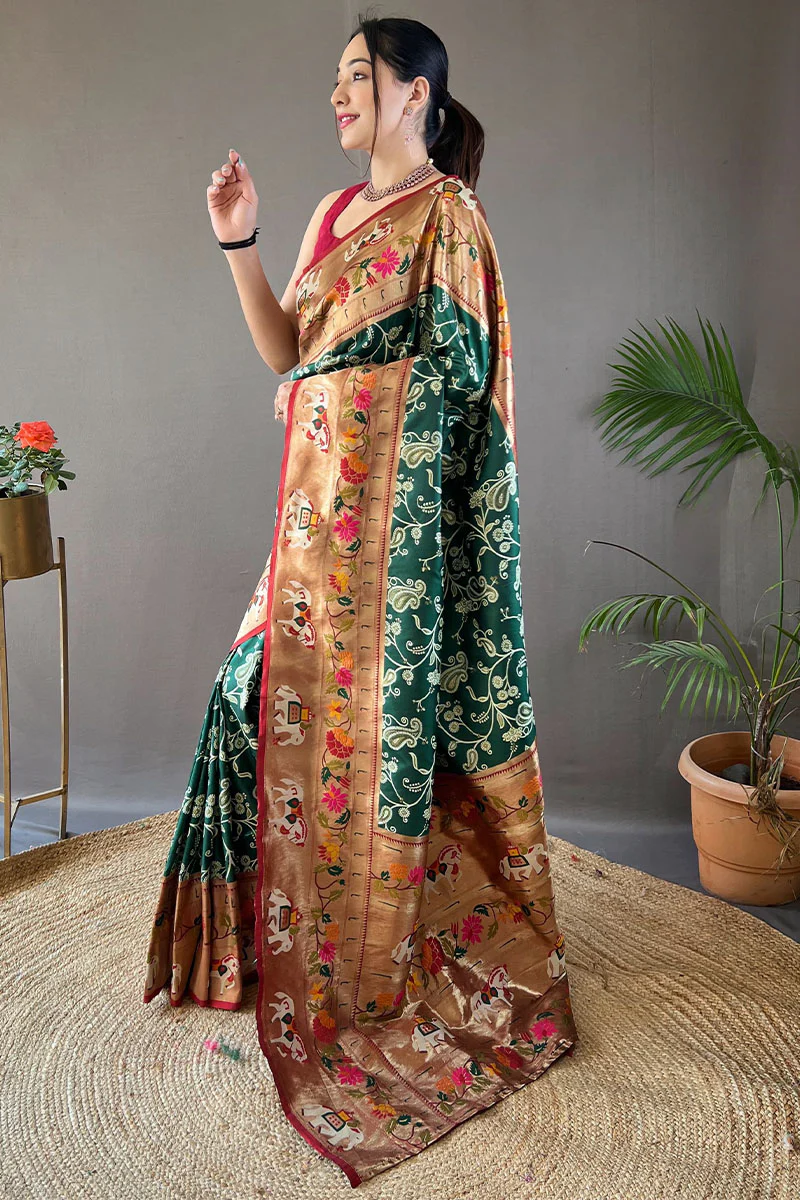 Ornate Dark Green Paithani Silk Saree With Enamoring Blouse Piece - Image 3