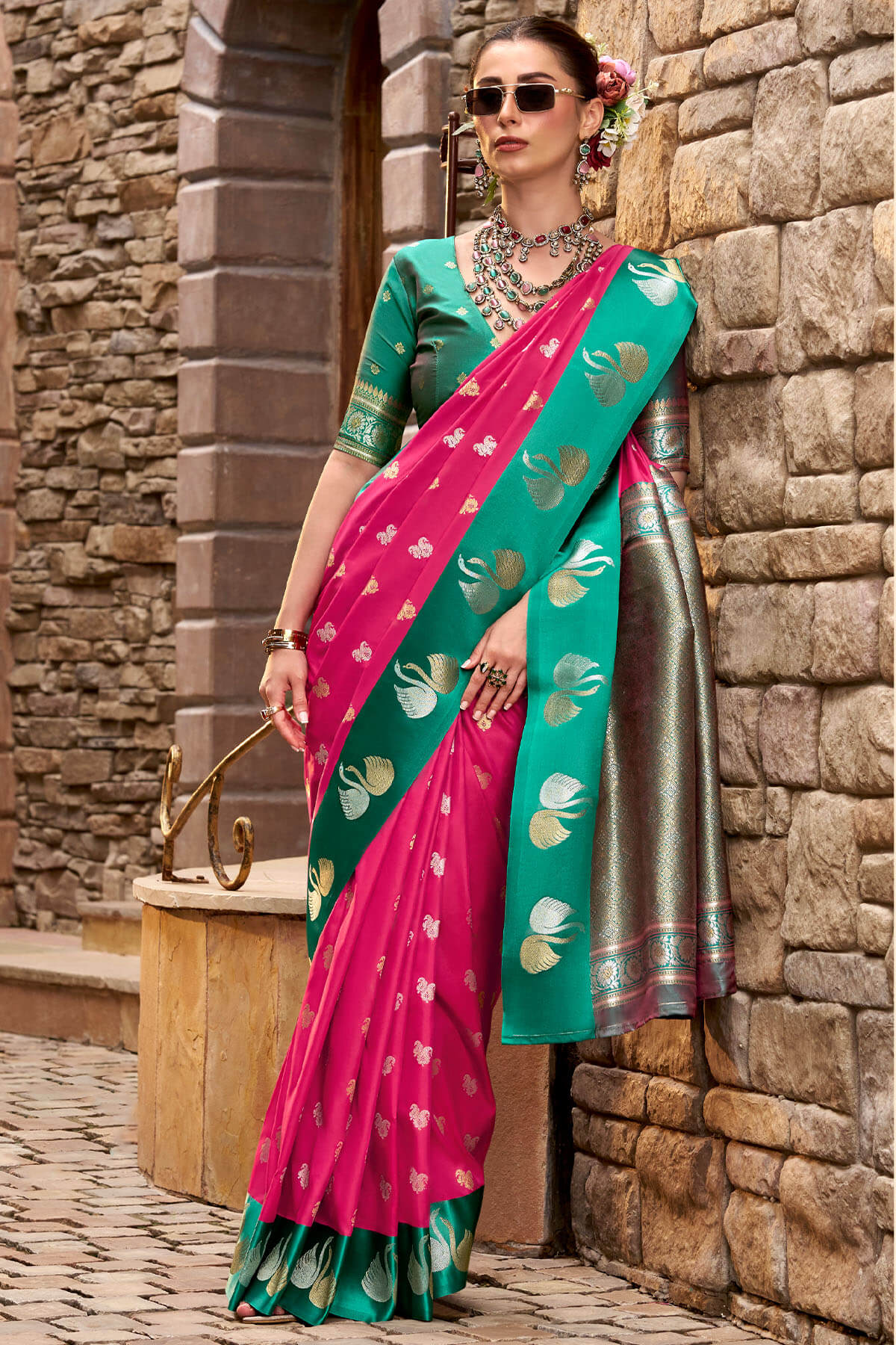 Ornate Dark Pink Banarasi Satin Silk Saree With Unique Blouse - Image 3