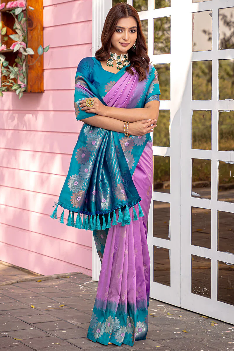 Ornate Lavender Soft Banarasi Silk Saree With Rhapsody Blouse Piece - Image 2