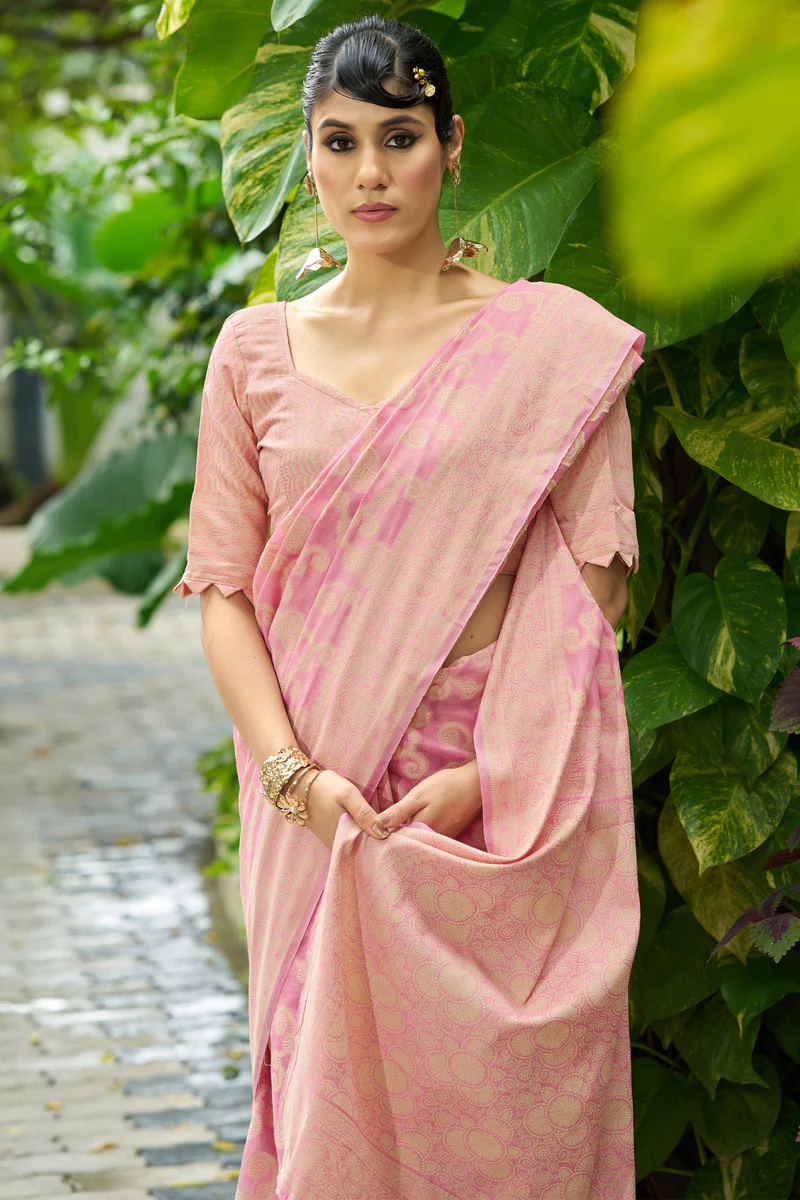 Ornate Light Pink Lucknowi Silk Saree With Fugacious Blouse Piece - Image 2