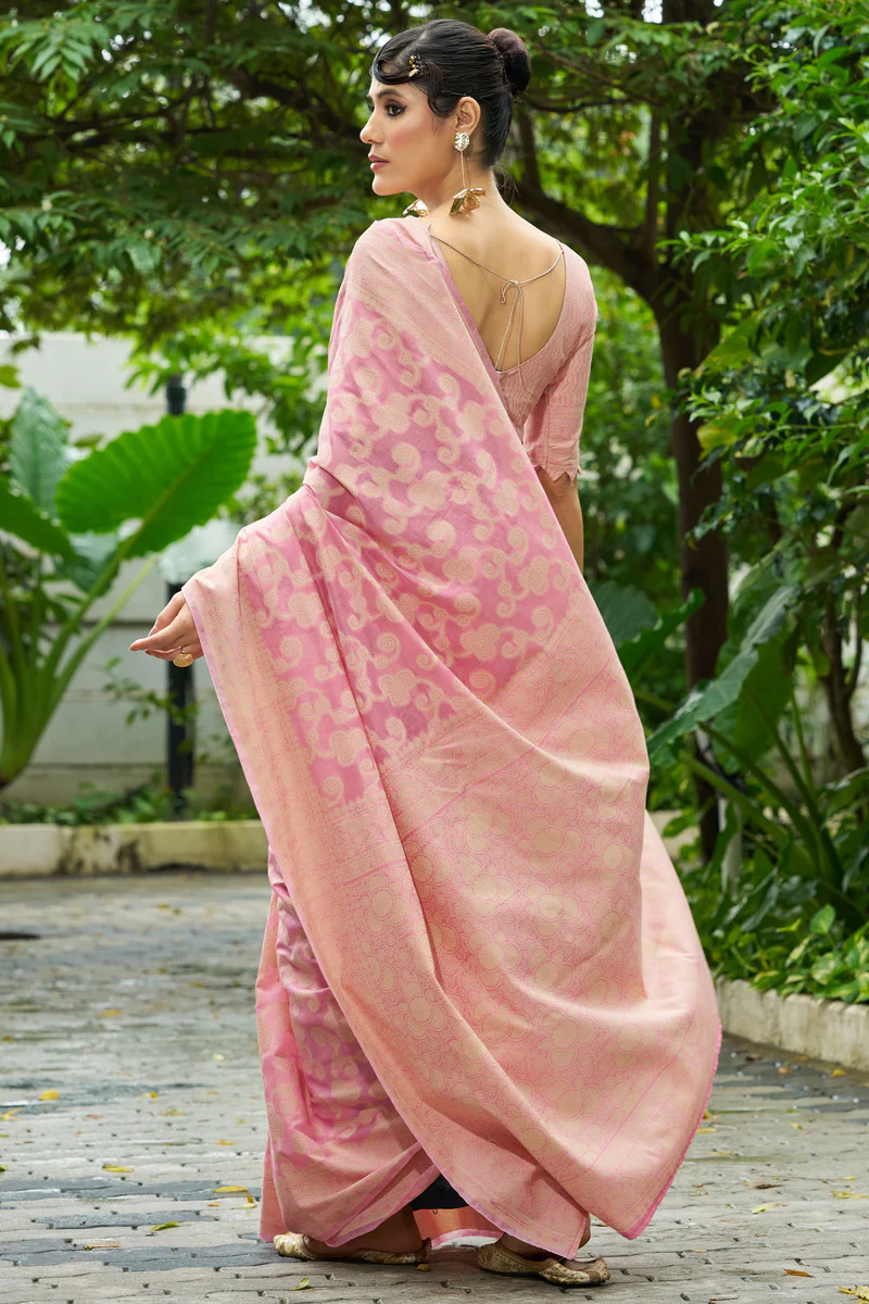 Ornate Light Pink Lucknowi Silk Saree With Fugacious Blouse Piece - Image 5