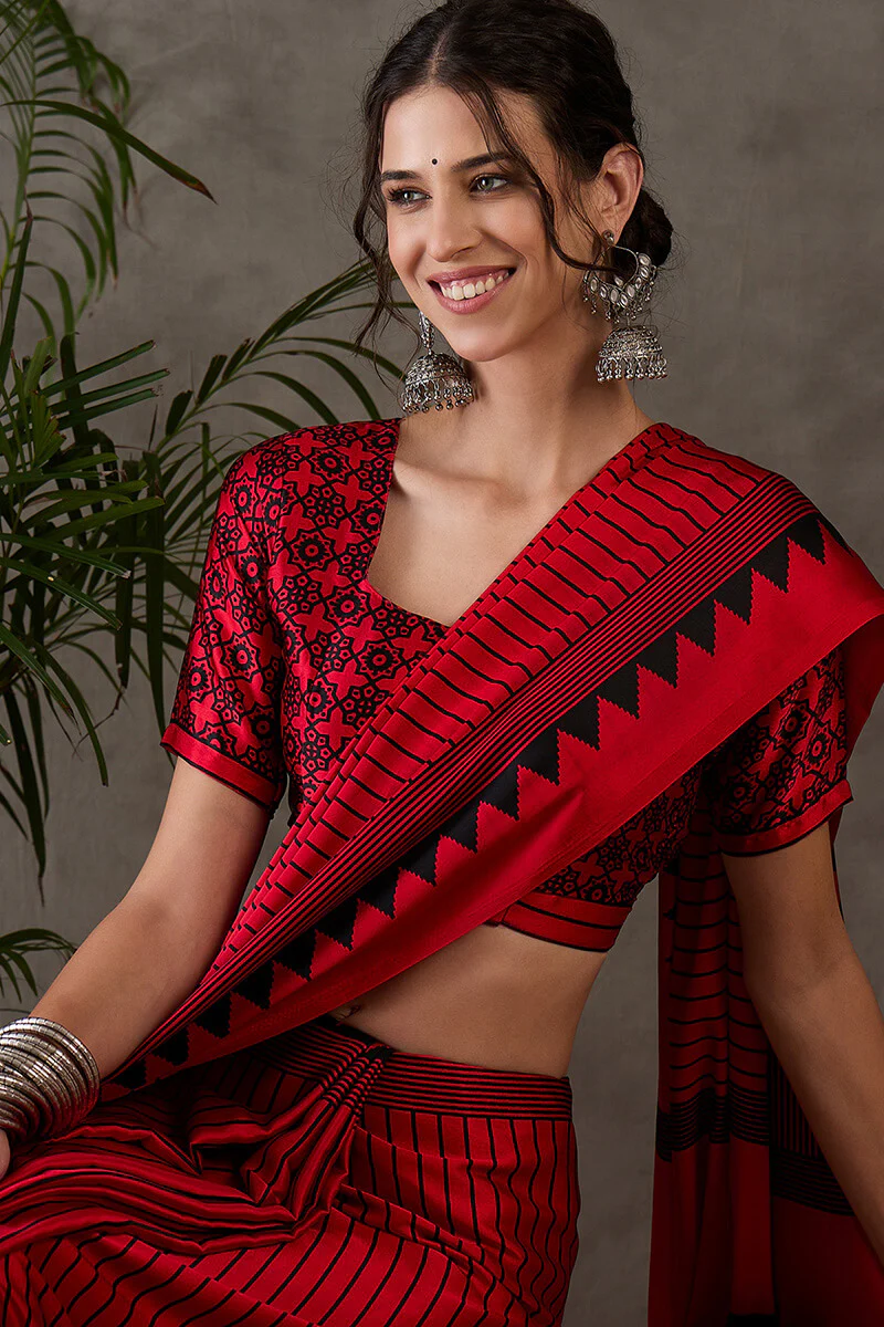 Ornate Red Ajrakh Printed Semi Modal Silk Saree With Alluring Blouse Piece - Image 2