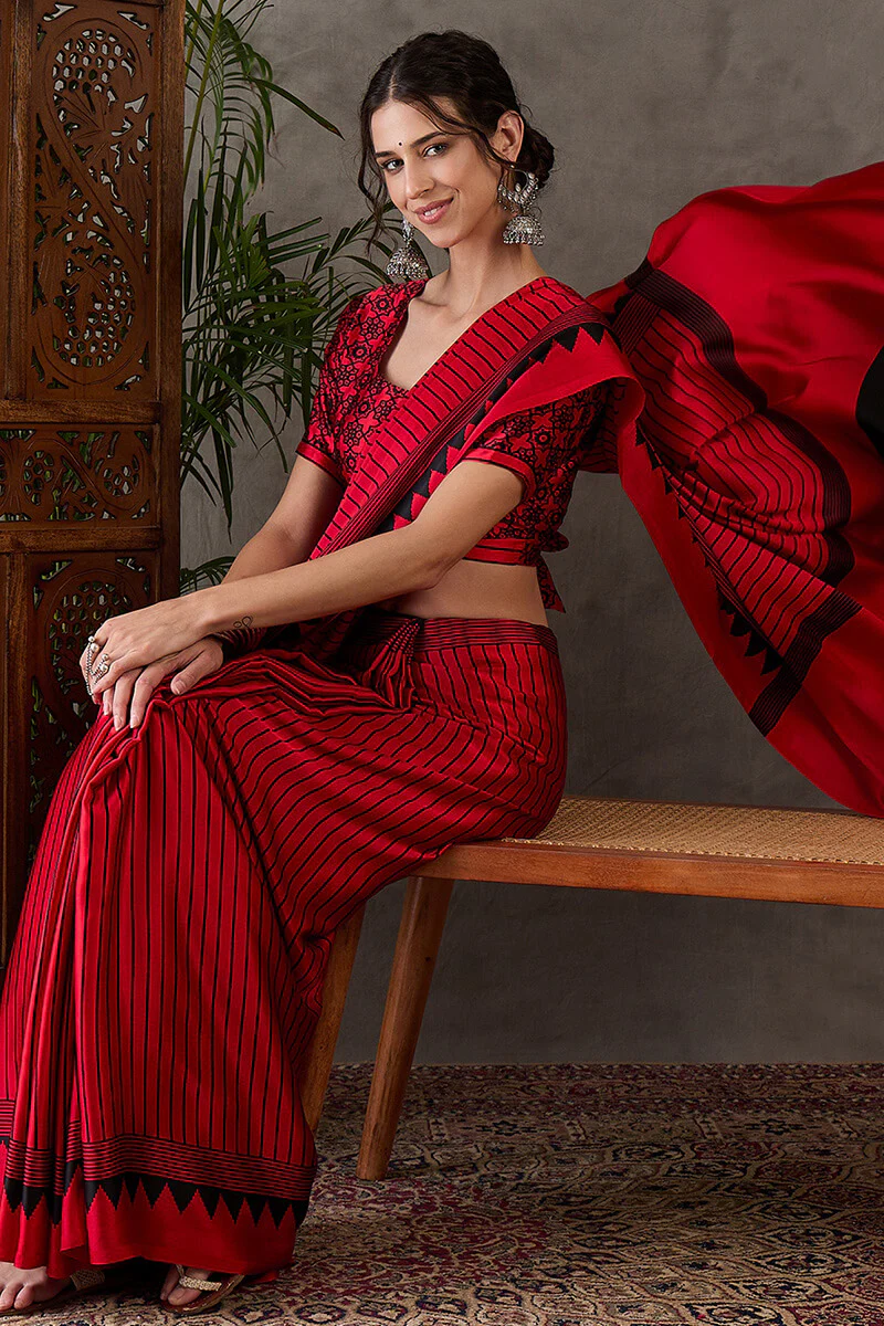 Ornate Red Ajrakh Printed Semi Modal Silk Saree With Alluring Blouse Piece - Image 3