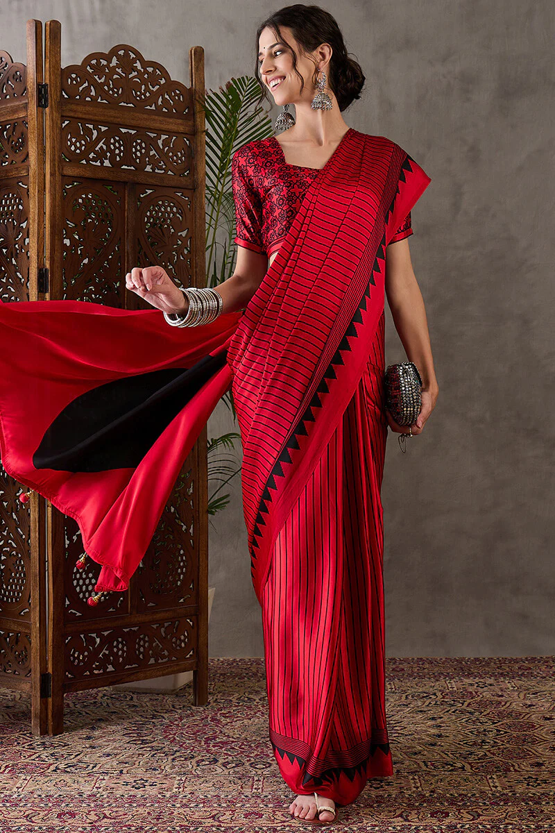 Ornate Red Ajrakh Printed Semi Modal Silk Saree With Alluring Blouse Piece - Image 5