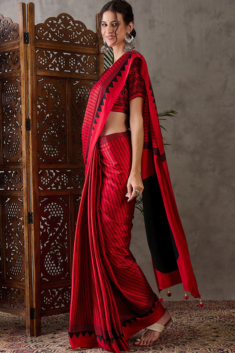Ornate Red Ajrakh Printed Semi Modal Silk Saree With Alluring Blouse Piece - Image 6