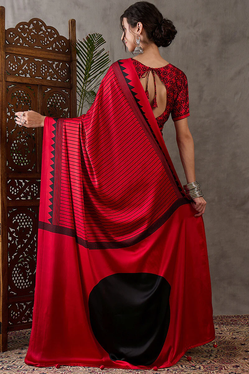 Ornate Red Ajrakh Printed Semi Modal Silk Saree With Alluring Blouse Piece - Image 7