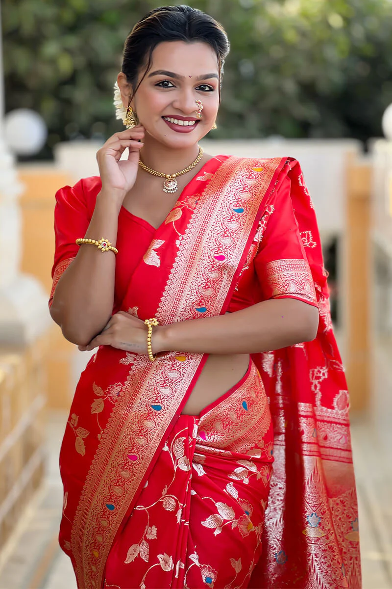 Ornate Red Soft Banarasi Silk Saree With Ephemeral Blouse Piece - Image 2