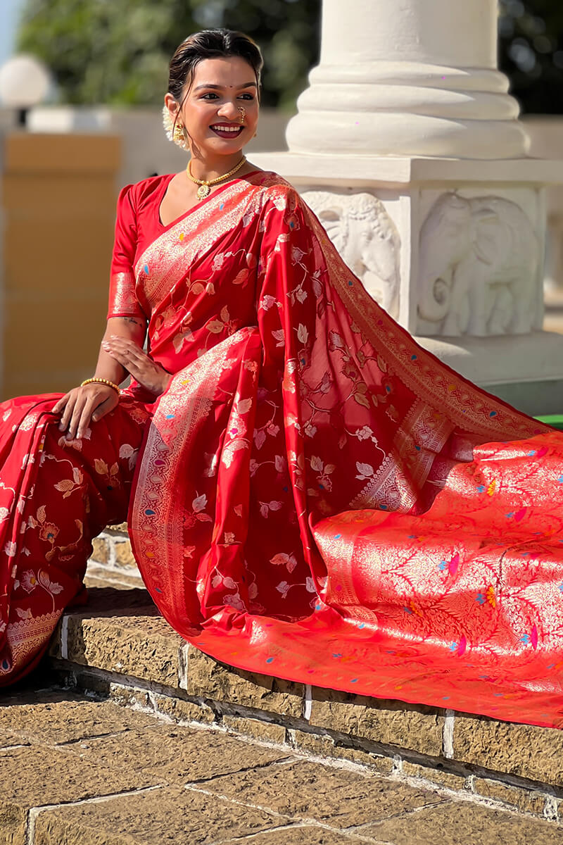 Ornate Red Soft Banarasi Silk Saree With Ephemeral Blouse Piece - Image 4