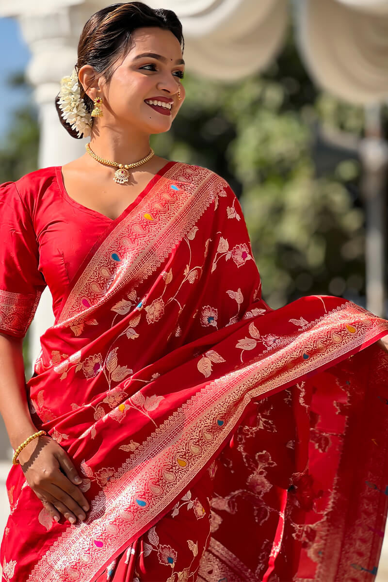 Ornate Red Soft Banarasi Silk Saree With Ephemeral Blouse Piece - Image 5
