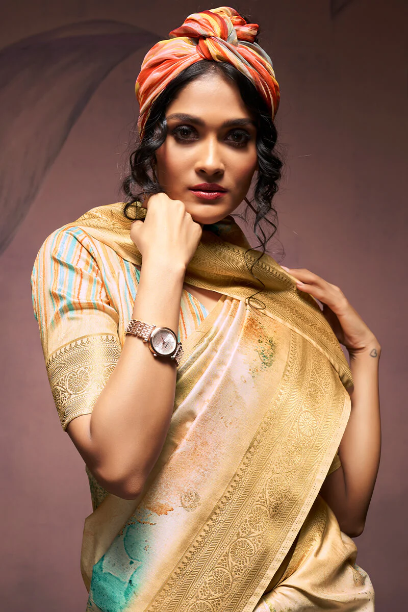 Outstanding Beige Digital Printed Soft Silk Saree With Jazzy Blouse Piece - Image 2