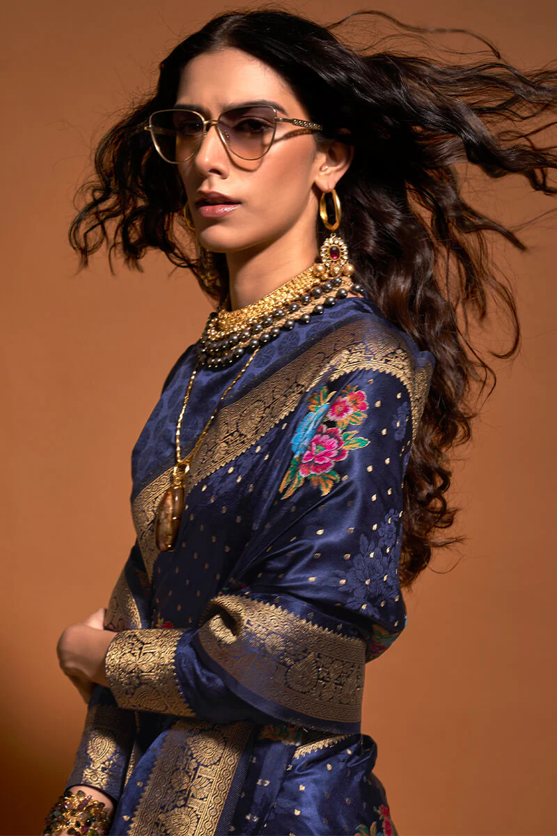 Outstanding Navy Blue Banarasi Satin Silk Saree With Engrossing Blouse - Image 2